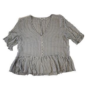 Madewell Women’s Peplum Short Sleeve Ruffle 1/2 Button Up Striped Blouse Medium
